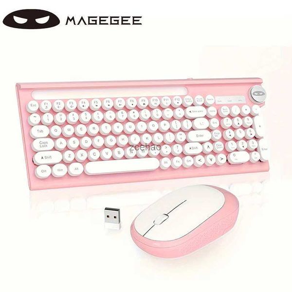 Teclados Magegee V630 Teclado sem fio e Mouse Combo MageGee 2.4G USB 101Keys Teclado de máquina de escrever sem fio à prova d'água Cute Round RetL240105