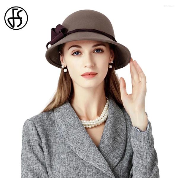 Beretler FS Derin Gri Yün Fedoras Geniş Brim Bowler Şapkaları Kadınlar için Siyah Milinery Chapeau Sonbahar Kış Bayanlar Cloche Cap