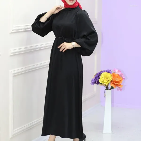 Roupas étnicas Médio Oriente Muçulmano Mangas Compridas Vestido de Seda Suave Cetim Lace Up Cintura Luxo Dubai Moda