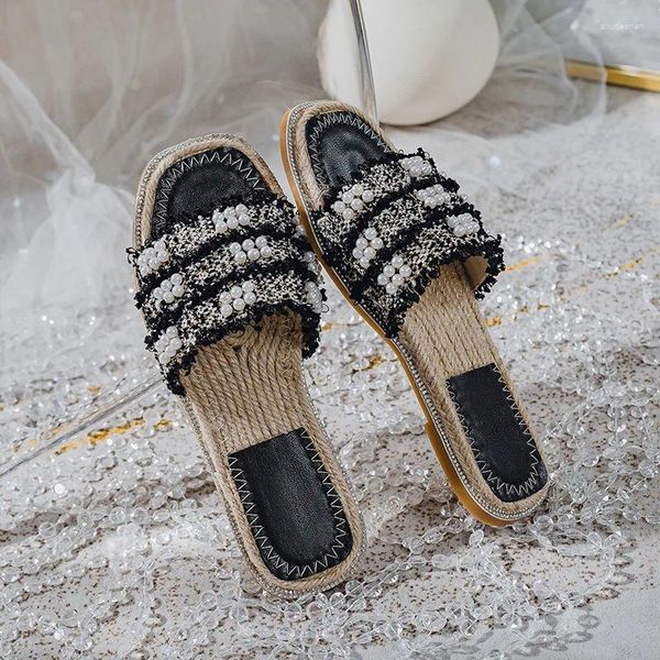 Pantofole di marca croce stringa di perline donna estate 2024 tessuto punta aperta infradito piatte sandali semplici casual da spiaggia