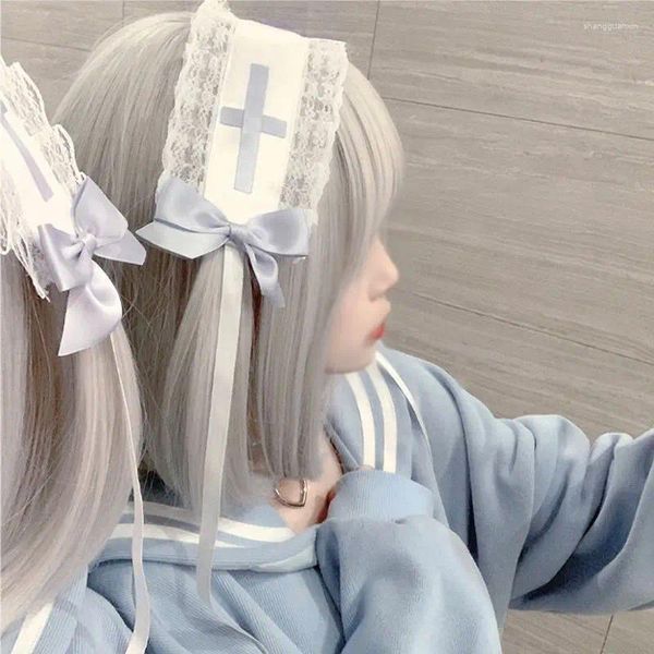 Заколки для волос Harajuku Lolita с кружевной лентой и бантом, повязка на голову с крестом, сладкий сексуальный шарм Y2k, эстетические девушки, модные головные уборы, аксессуары для женщин