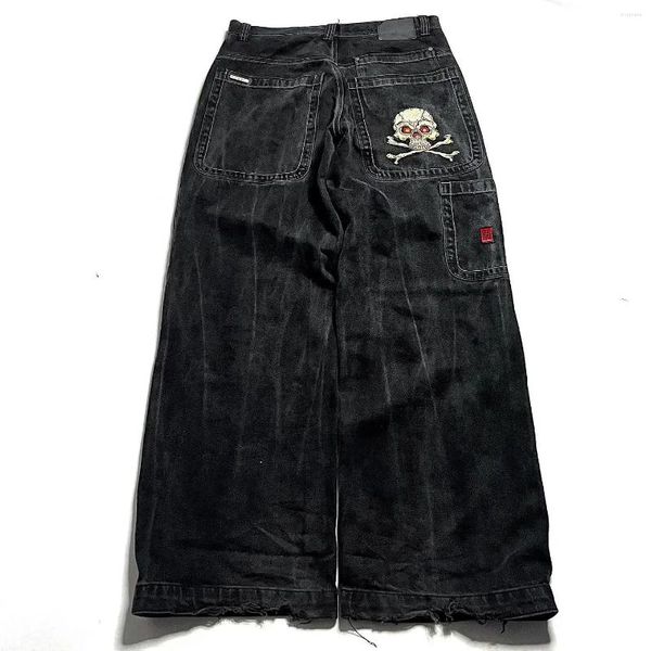 Jeans da uomo JNCO Harajuku Hip Hop Retro Skull Graphic ricamato pantaloni larghi in denim Y2K Uomo Donna Goth pantaloni larghi a vita alta