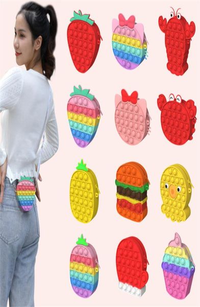 Toys Push Bubble Umhängetaschen Lanyard Favor Sensory Coin Purse pro Bubbles Cartoon Fruit Strawberry Pineapple Shape Shoulder Bag Educational Toy Xmas9505927