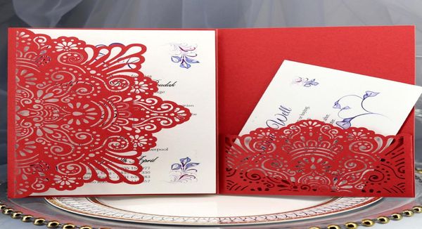 Einzigartige lasergeschnittene Hochzeitseinladungskarte mit RSVP-Kartenfach, rote hohle Brautparty-Einladung, Abend-Dinner-Einladungen mit En9992187