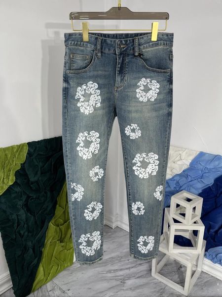 Jeans masculinos 2024 verão chique de alta qualidade marca designer floral impressão em linha reta casual calças jeans b404