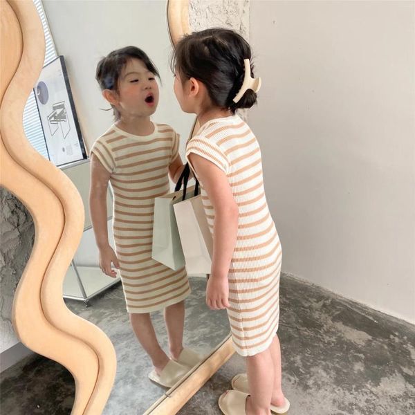 Kız elbiseler yürümeye başlayan çocuk bebek kız çizgili tişört elbise çocuklar ince baskılı kısa kollu serin sıska yivli çocuk kıyafetleri 1-6y