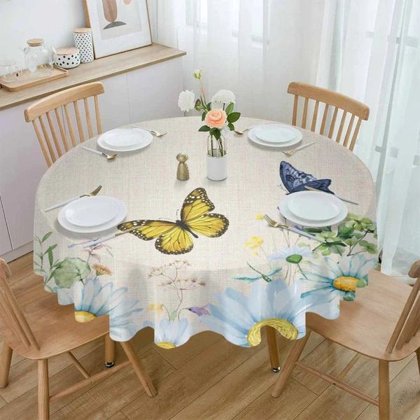 Toalha de mesa aquarela planta borboleta à prova d'água toalha de mesa decoração casamento casa cozinha sala de jantar redonda