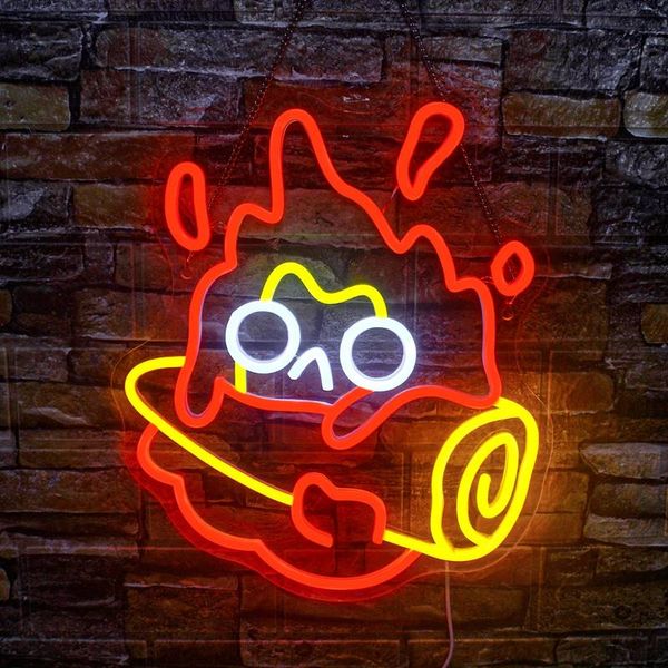 1 peça sinal de néon com padrão de personagem de fogo de desenho animado, para decoração de parede, luz de néon de festa de clube, loja, quarto de casa, atmosfera de caverna, luz de néon LED, luz de suspensão de parede.