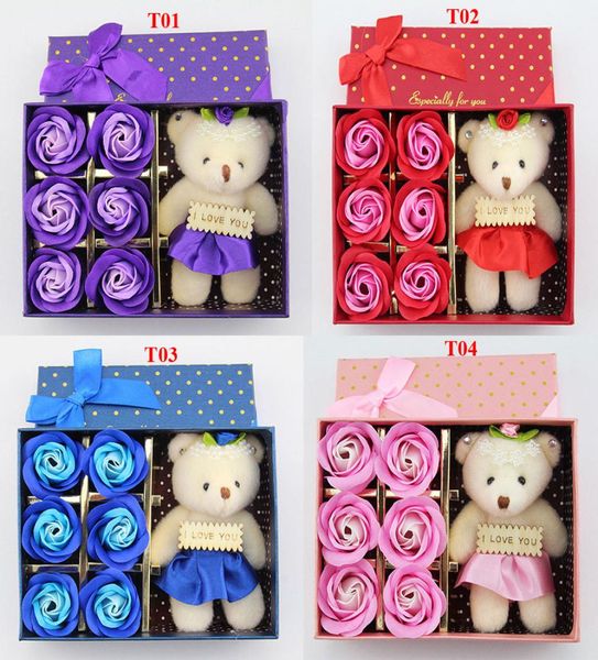 6 pezzi scatola romantica rosa fiore di sapone con piccola bambola orsetto carino ideale per regali di San Valentino per regali di nozze o regali di compleanno3300558