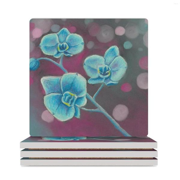 Tischsets, blaue Orchidee, botanische Blumenzeichnung, Keramikuntersetzer (quadratisch), Set, niedliche kreative Matte für Geschirr