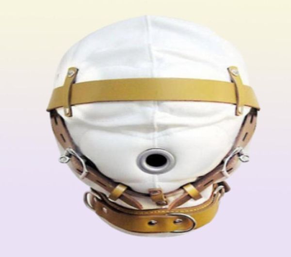 Белый капюшон для связывания, кожаная маска для удержания слуха, подземелье, новый дизайн, БДСМ-шестерня, мягкие запираемые ремни B033699016