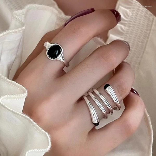 Anelli a grappolo VENTFILLE Anello in argento sterling 925 con agata nera per le donne Ragazza regalo Molti strati Cool Originalità Gioielli Goccia