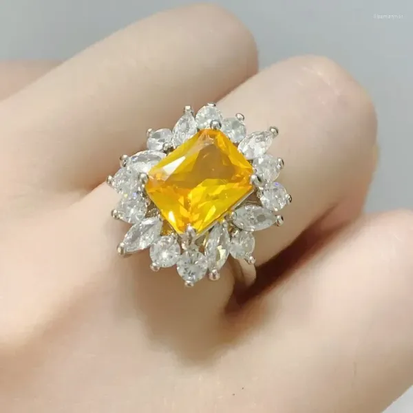 Anéis de cluster luxo lindo grande amarelo zircônia anel de casamento feminino flor nobre cristal noivado aniversário presente noiva jóias