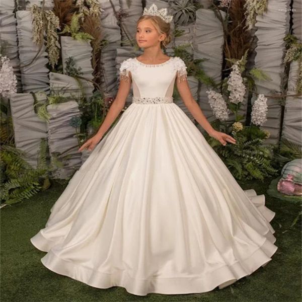 Mädchenkleider Weißes Satinquasten-Perlenapplikations-Blumenkleid für die bodenlange Hochzeit des ersten eucharistischen Kindergeburtstags