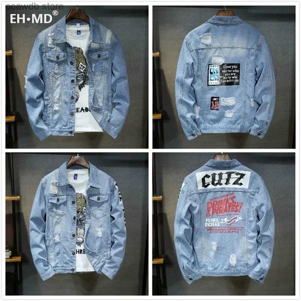 Herrenjacken EHMD Gestickte Patchwork-Jeansjacke Slim Fit Slim Cotton Line Print Hellblaues Hemd Taschendekoration Wild Youth Scratch T240110