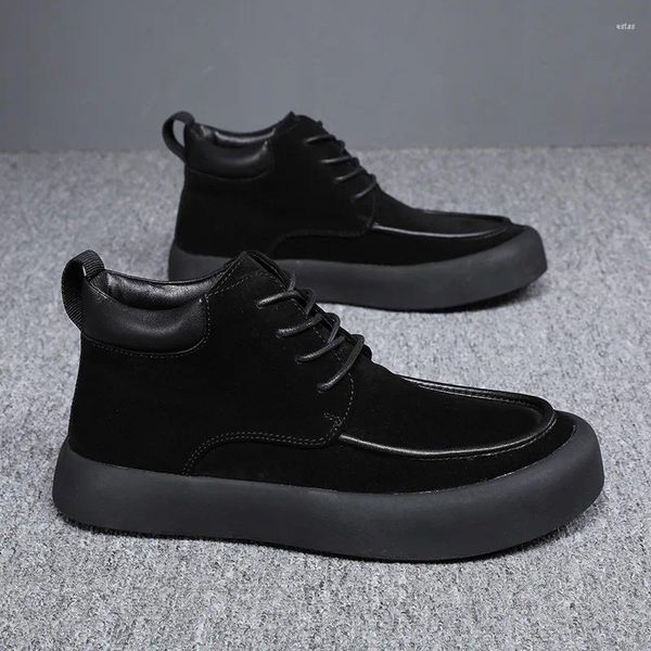 Botas masculinas moda camurça de vaca couro preto tendência outono inverno sapatos planos rendas plataforma tornozelo bota streetwear curto botas homem