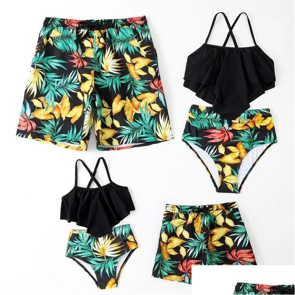 Swim Wear Wear 2023 Folha Maiôs Família Combinando Roupas Olhar Ruffled Mãe Filha Swimwear Mamãe e Me Roupas Pai Filho Nadar Dhjri