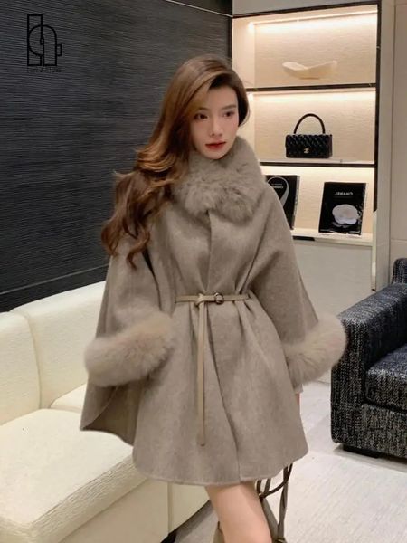 Chegadas mulheres inverno lã capa elegante cashmere poncho senhora real pele de raposa manto colarinho manguito jaquetas streetwears 240108