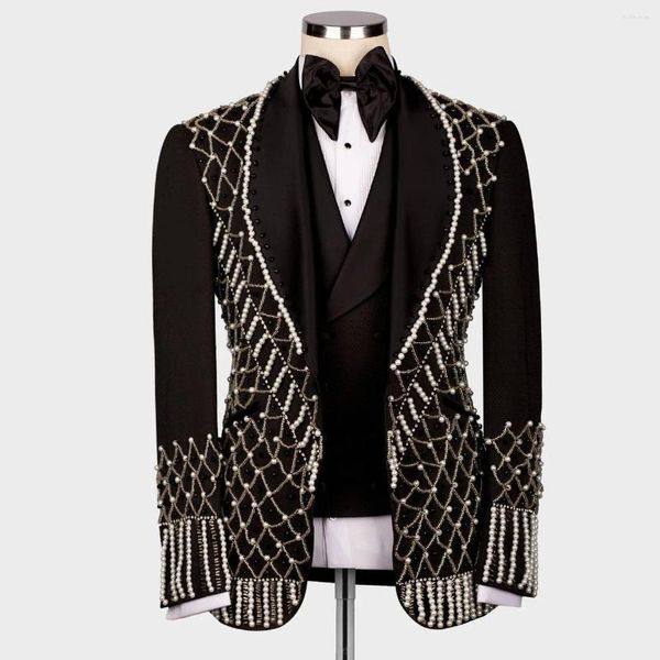 Herrenanzüge, exquisite Hochzeit für Männer, Kristalle, Perlen verziert, Blazer-Set, formeller Bräutigam, individuelle Smokings, schwarzes Bankett, Party, 3-teiliges Herrenkleid