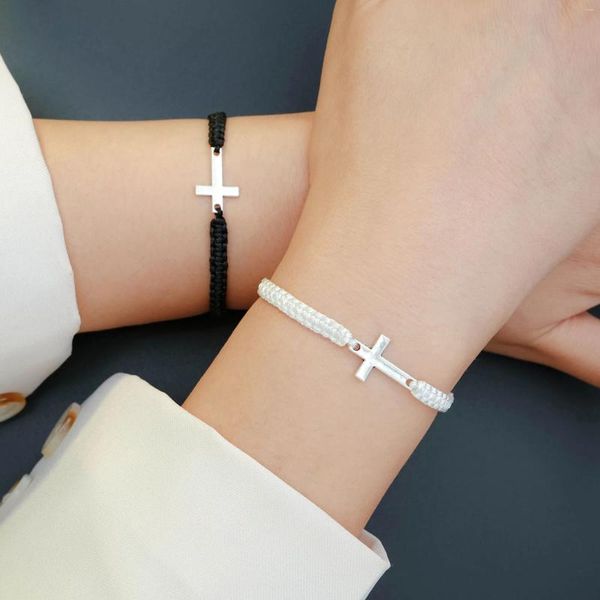 Charme pulseiras 17km casal cruz pingente trançado para mulheres meninas preto e branco ajustável tecido malha pulseira moda tendência jóias