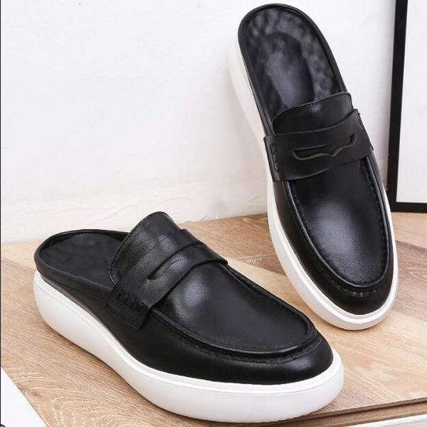 Cover Toe Halbhausschuhe Weiß Schwarz Vollnarbenleder Komfort Weicher Absatz Herren Lazy Flats Schuhe