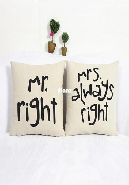 Beliebte lustige Mr Right Mrs Al Ways Right Druckmischung aus Baumwoll-Leinen-Kissenbezug für Bett, Sofa, Wohnaccessoires6656473