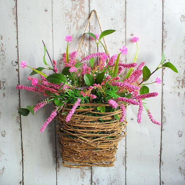 Flores decorativas rosa flor artificial com cesta de suspensão decoração para casa decoração de páscoa 2024 primavera sala parede janela ornamento