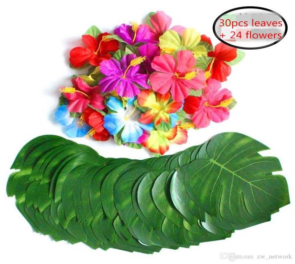 Foglie di palma tropicale artificiale e fiori di ibisco di seta Decorazioni per feste Foglie di Monstera Decorazioni per feste a tema Hawaiian Luau Jungle Beach6184149