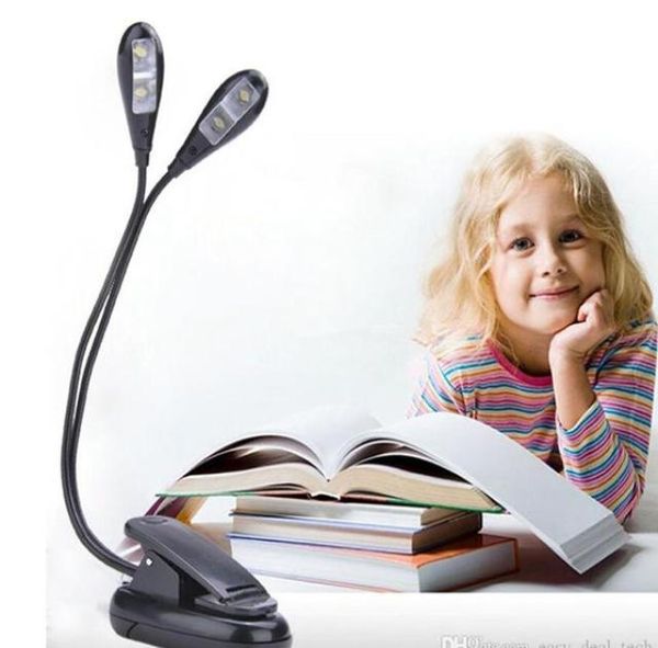 Luz LED de libro con Clip, doble cabezal, 4 LED, baterías, alimentación USB, soporte de luz nocturna plegable portátil, lámpara de lectura, Clip, luz musical, 8067443