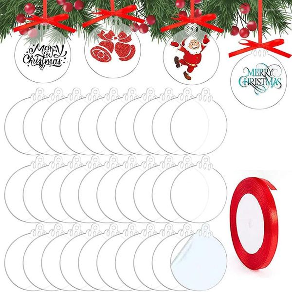 Portachiavi 30 pezzi/set ornamenti natalizi in acrilico trasparente etichette rotonde per appendere l'albero con nastro