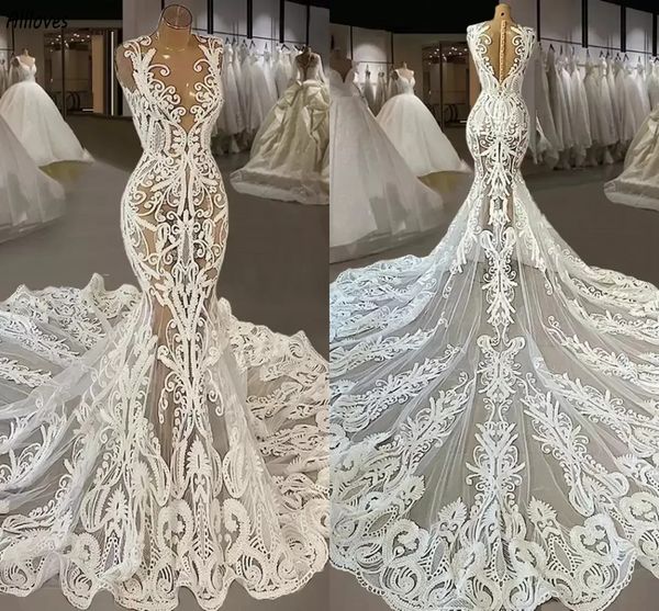 Arapça Aso Ebi Dantel Denizkızı Gelinlik O yaka seksi, düğmeleri geri görme vintage gelin elbiseleri uzun mahkeme treni artı bohem vestidos de novia cl3193