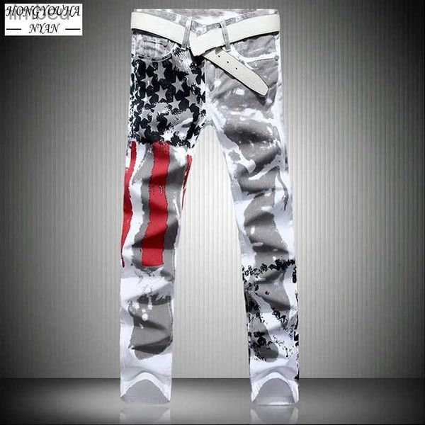 Erkekler Kot Mens Jeans Amerikan Bayrağı Baskılı Sokak Giyim Sıradan Pantolon Moda Harajuku Yüksek Elastik Slimhip Hop Düz Denim Pantolon240109