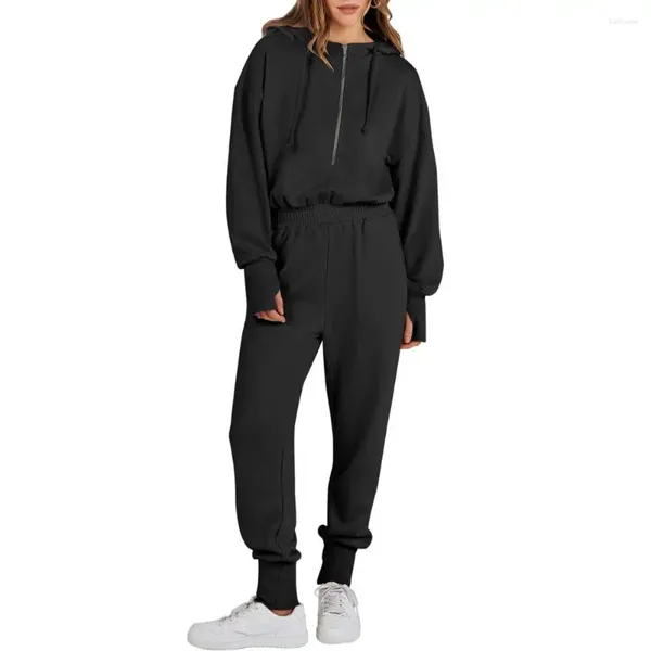 Koşu Setleri Set Renkli Sweatshirt Tulum Elastik Bel Drawstring Uzun Kollu Sportif Kapüşonlu Kadınlar