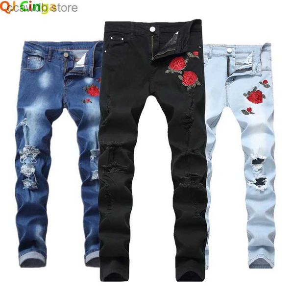 Мужские джинсы Красная роза Вышитые джинсы для мужчин Черные синие эластичные брюки для мужчин Белые модные брюки с украшением в виде дырок Мужские брюки 28-42 T240109