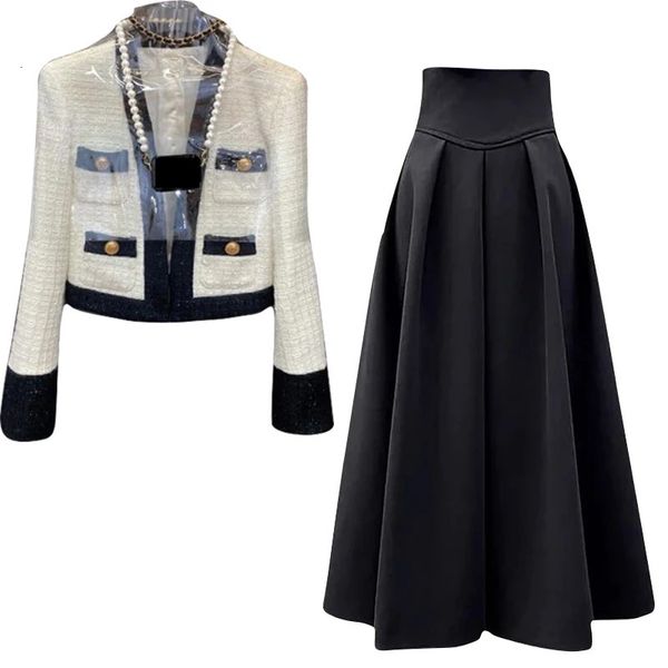 Pouco fragrância conjunto de duas peças streetwear elegante vneck tweed jaqueta cintura alta saia aline com divisão calças largas perna 240109