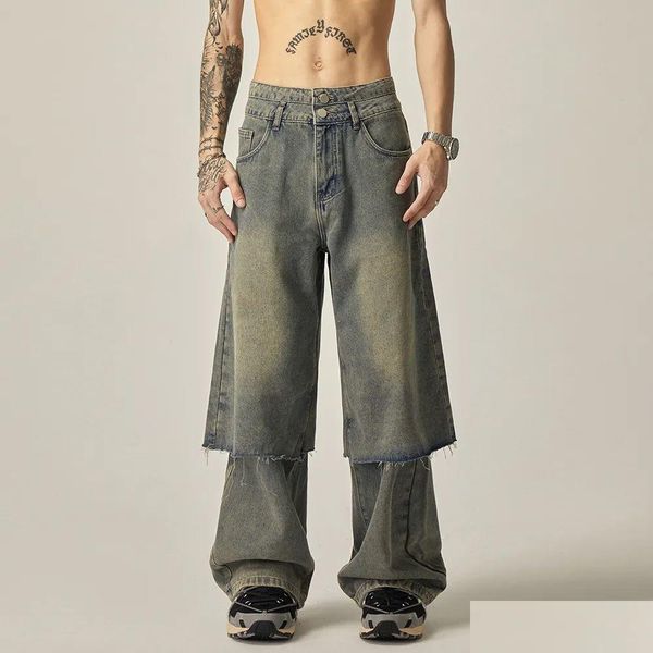 Pantaloni taglie forti da uomo Streetwear Jeans larghi oversize Falso in due pezzi Doppio strato Jean Uomo dritto lavato blu Vestibilità rilassata Drop De Dhpqv