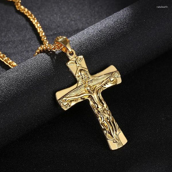 Anhänger Halsketten Religiöses Kreuz Jesus Halskette INRI Kruzifix Gold/Stahl/Gun Black Farbe Männer Kette Christlicher Schmuck Weihnachtsgeschenke