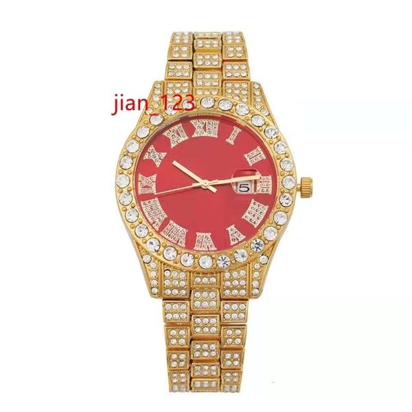 Thriving Gems Hiphop orologio da uomo personalità hip hop quadrante rosso diamante romano intarsiato orologio Moissanite al quarzo impermeabile
