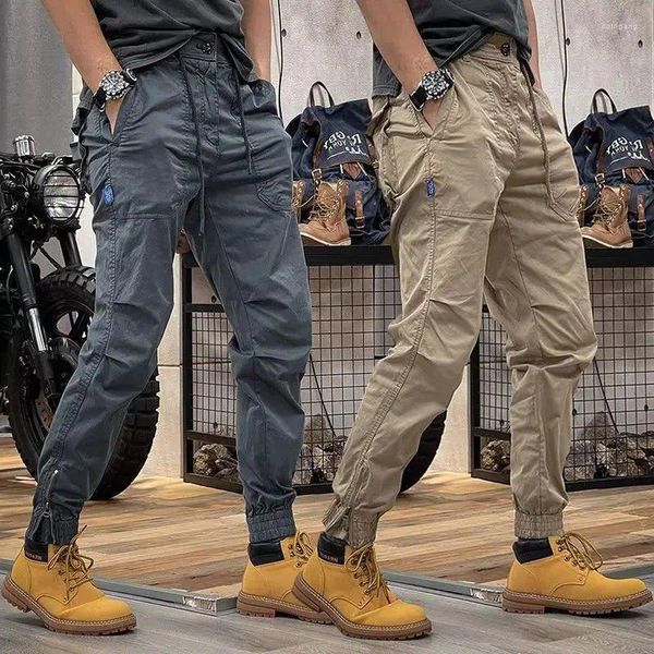 Pantaloni da uomo 2024 americano retrò abbigliamento da lavoro per la moda elastico in vita cerniera minimalista bocca grande tasca cravatta piedi lunghi