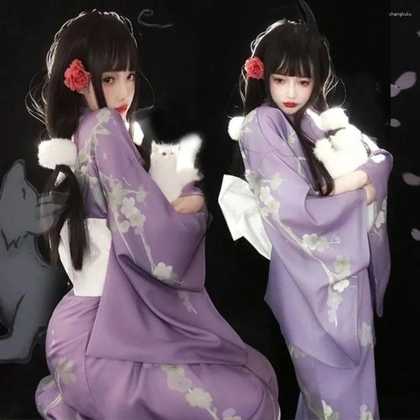 Abbigliamento etnico Kimono giapponese Tradizionale viola Yukata Abbigliamento Obi Geisha Costume Cosplay Haori Kimono