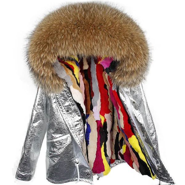 Maomaokong pele de coelho forrado parka natural real casaco prata jaqueta de inverno feminino guaxinim gola de raposa quente parkas 240108