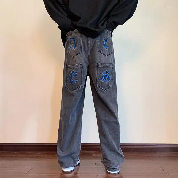 Jeans masculinos 2024 outono marca de moda perna reta solta cintura elástica lavagem multi bolso personagem bordado calças casuais