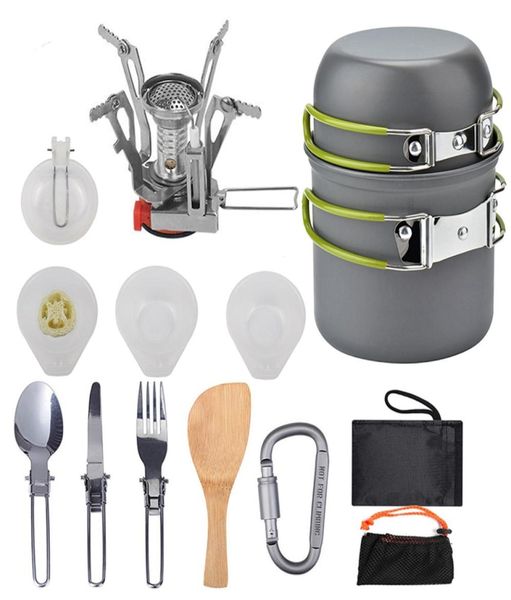 Set di pentole da campeggio Set di pentole da trekking portatile da picnic Mini fornello a gas Set da tavola da campeggio Pentola 12 persone Suppl da viaggio all'aperto5587639