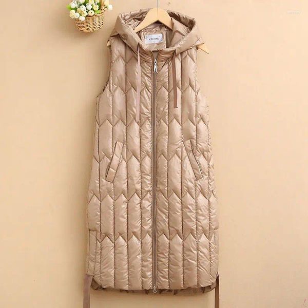 Damenwesten 2024 Winter-Frauen-Daunen-Baumwollweste weiblich mit Kapuze ärmellose lange Jacken Mantel Plus Size Reißverschlusstaschen Weste