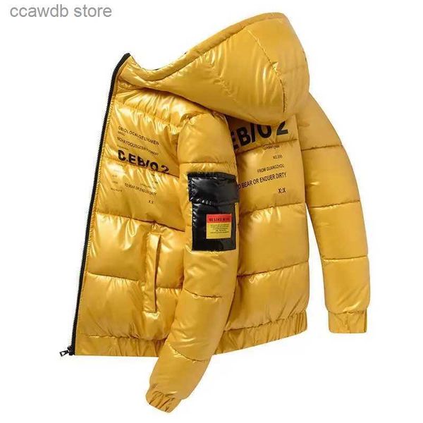 Мужские куртки 2022 Зимняя мужская куртка Повседневная теплая толстая куртка Модные парки с капюшоном Мужская одежда Ветрозащитная желтая блестящая куртка T240109
