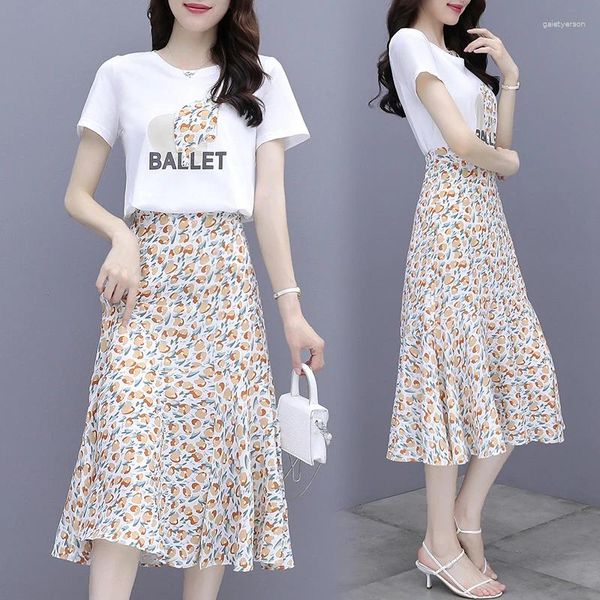 Arbeit Kleider Langen Rock Frauen Für 2024 Sommer Dame Koreanische Stil Zwei-stück Kleid Anzug Chiffon Floral Hohe Taille midi Weibliche