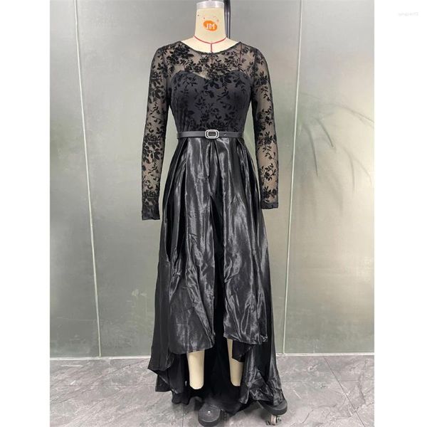 Ethnische Kleidung 2024 Mode Frauen Schwarz Abend Party Kleid Elegante Vintage Patchwork Gürtel Mesh Spitze Maxi Kleid Dubai Ramadan Abaya kaftan