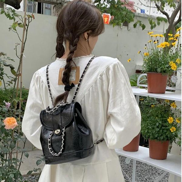 Schultaschen Vintage Y2k Tasche Frauen Koreanischen Stil Mini Ketten Rucksack Weibliche Ins Student Öl Wachs Leder Eimer Reise Bagpack Chic