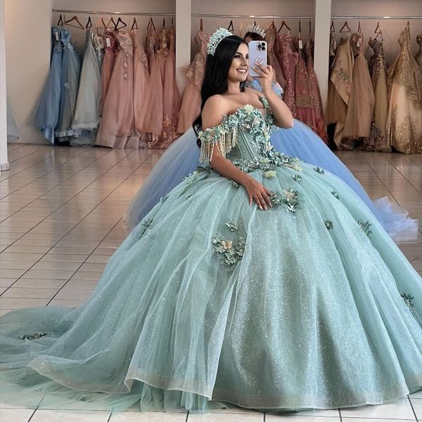 Aquablaue Prinzessin Quinceanera Kleider Blumenapplikationen Perlen Ballkleid Süßes 15 16 Kleid Vestidos De 15 Anos Quinceanera Pageant Geburtstag