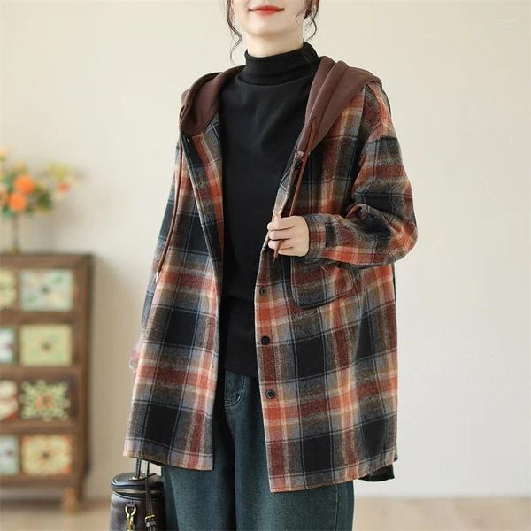 Damen Blusen Hemd Herbst Winter Einreiher Langarm Lose Tops Frau Plaid Kapuzenjacke